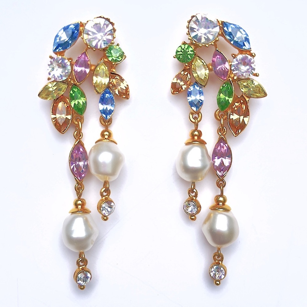BEN-AMUN Women 24k Gold Plated Crystal and Pearl Drop Earrings
